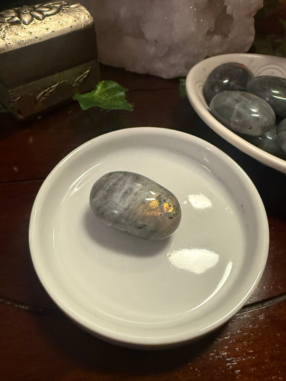 Gray stone on a white plate with a bowl of stones in the background