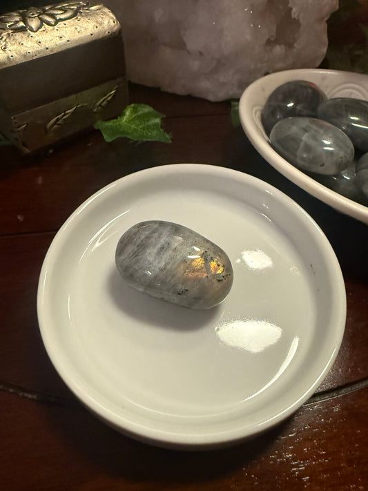 Gray stone on a white plate with a bowl of stones in the background