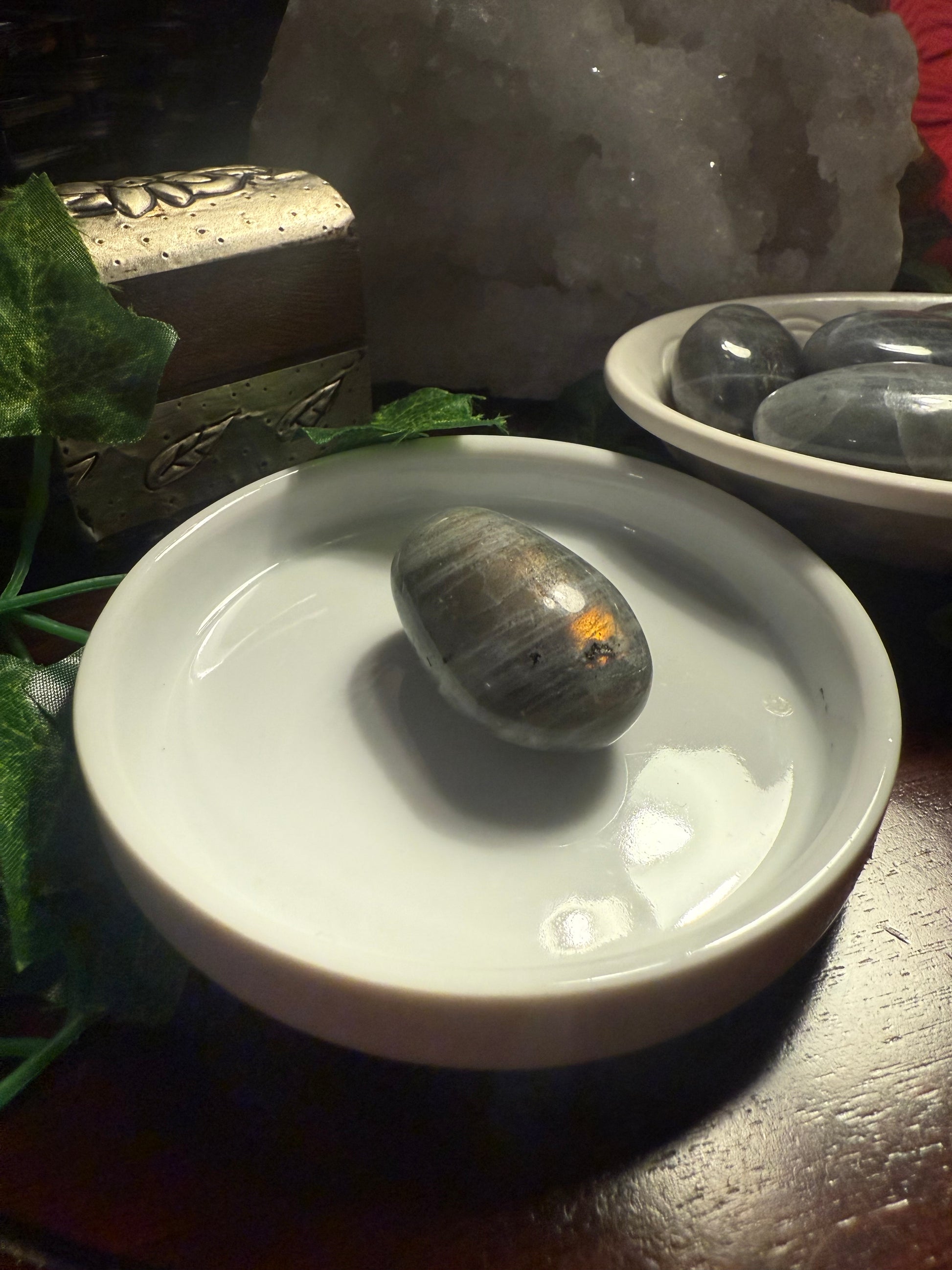 Close-up of a stone on a white dish with a blurred background