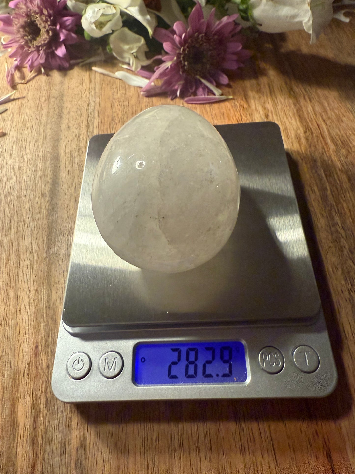 Egg on a digital scale with flowers in the background