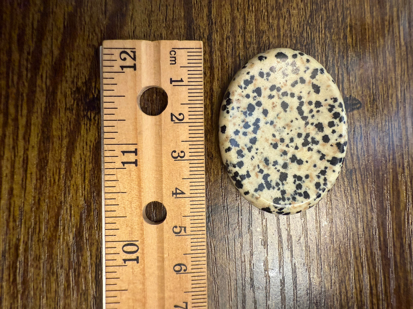 Dalmatian Jasper Worry Calming Stone next to a wooden ruler on a wooden surface