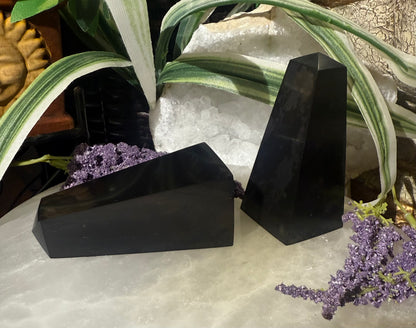 Two black Shungite Pyramids on a surface with plants and flowers in the background